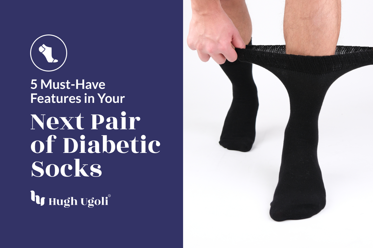 The image shows a person pulling up a black diabetic sock, with text discussing essential features of diabetic socks.